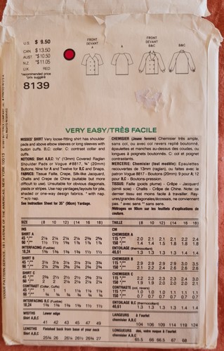 1980s Double Breasted Asymmetric Bishop Sleeve Blouse Sewing Pattern Vogue 8139 - Picture 4 of 4