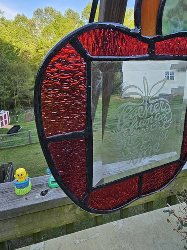 Stained Glass Suncatcher Picture Handmade Red Glass Apple Teacher Etched Bevel - Picture 3 of 6