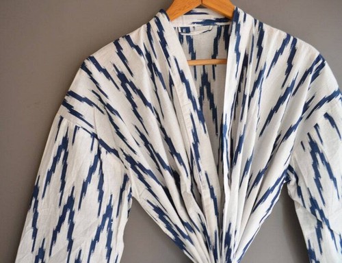 Cotton Kimono Robe Dressing Gown, Block Print Bridesmaid Robe, Summer Nightwear, - Picture 4 of 5