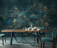 3D Gold Line Mountain Blue Self-adhesive Removeable Wallpaper Wall Mural