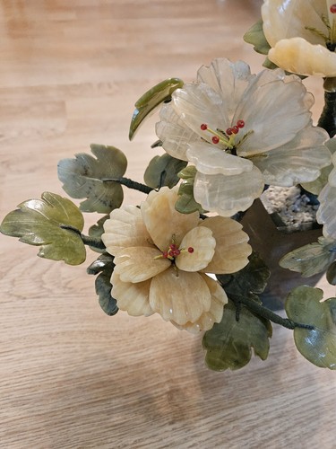 Medium Chinese Jade Agate Green Stone Flower Tree Pot Thick Petals Peach... - Picture 2 of 9