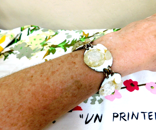 Ruth Buol Frost Crystal opalescent glass MCM artist enamel copper link bracelet