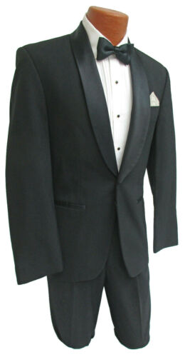 Men's Black Tuxedo with Pants 100% Wool One Button with Satin Shawl Lapels - Picture 2 of 5