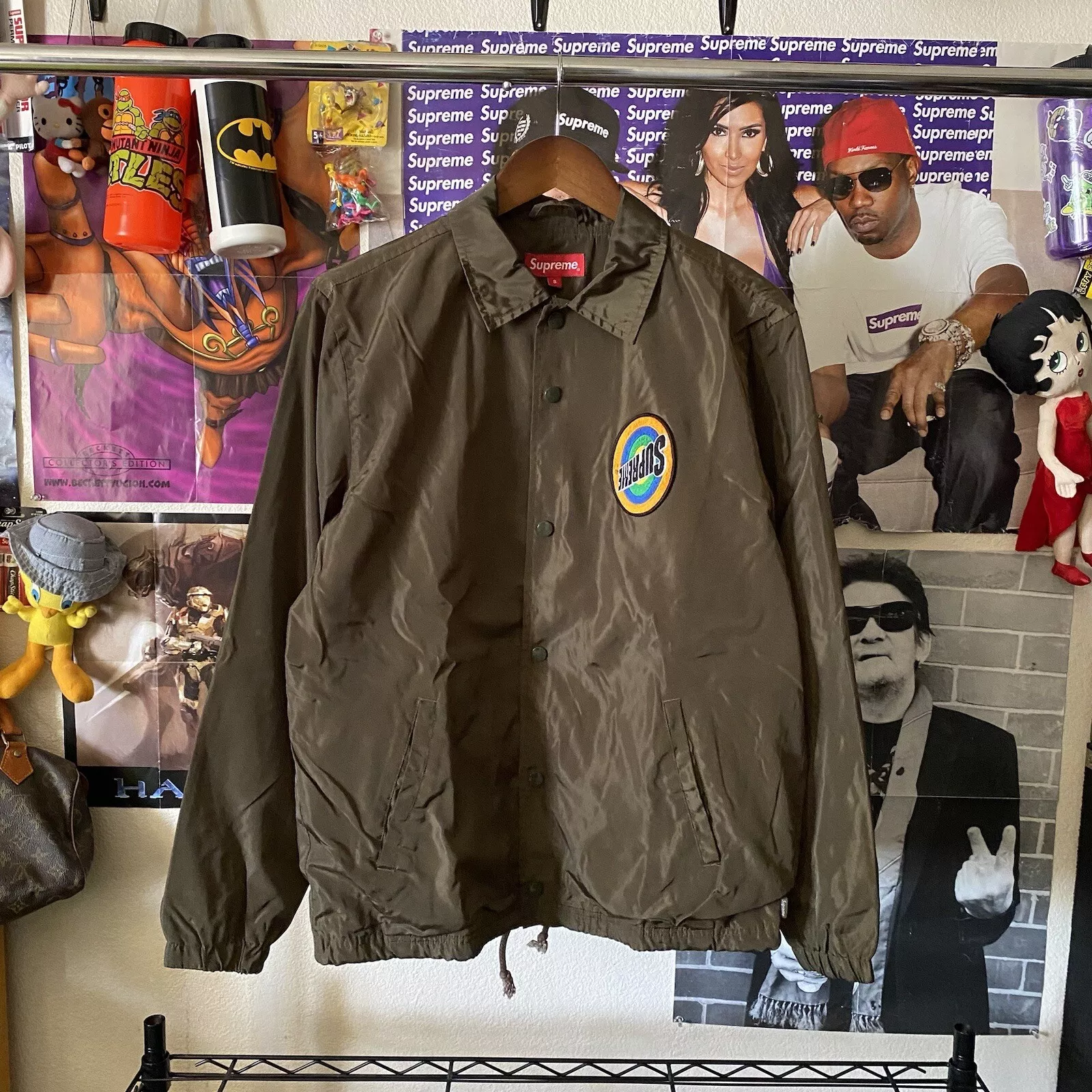 Veste Supreme Spin Coaches marron 2016 fausse impression logo à l'envers