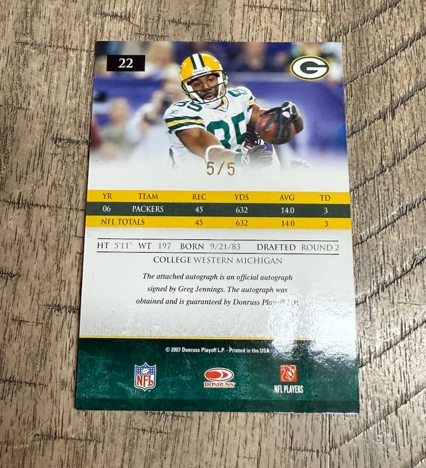 Donruss Gridiron Gear Greg Jennings Gold Signatures 2007 autógrafo Packers/5 Foto 2 de 2