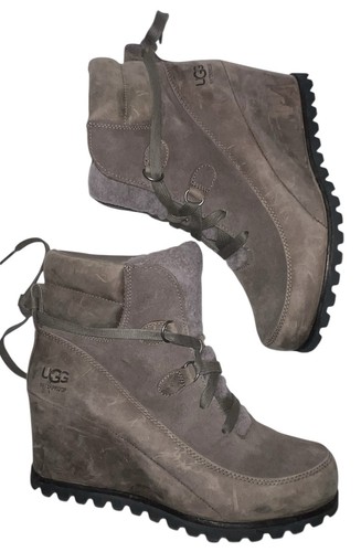 UGG Women’s Sz 9 Valory Brown Wedge Ankle Boots Suede Leather Waterproof Laces - Picture 7 of 12