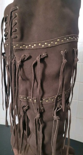 Anthropologie Mojo Moxy "Frilled" braune Fransen kniehohe Stiefel 8,5 Boho Western - Bild 10 von 14