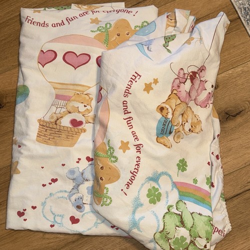 Vintage 80s Care Bears Twin Sheet Set Flat Fitted Flannel No Pillow Case GUC - Picture 5 of 6