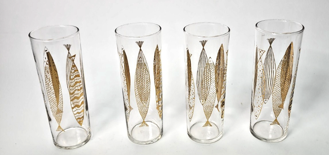 4 Vintage Fred Press Gold Fish Barware Highball Zombie Collins