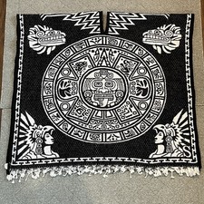 Mexican Poncho Rug Blanket Heavy Black White Aztec Tribal Southwest Reversible