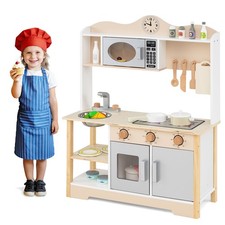 Wooden Play Kitchen for Kids Cooking Toy Playset w/ Microwave Stove Dish Rack