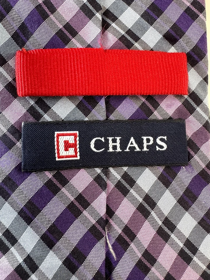 Chaps Men's Tie Purple Blue Black Plaid Check Necktie 100% Silk Classic Business - Image 3 of 4