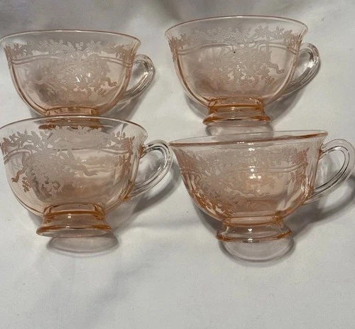 Federal Glass SHARON or CABBAGE ROSE Pattern Pink Depression 4 Glass Tea Cups