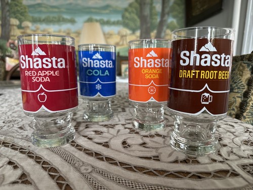 Set of 4 Vintage 1970's Shasta Glasses -Cola, Draft Root Beer, Orange, Red Apple