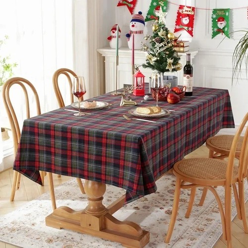 Christmas Plaid Tablecloth Red Green Woven Polyester Cotton Table Cover Decor - Picture 1 of 17