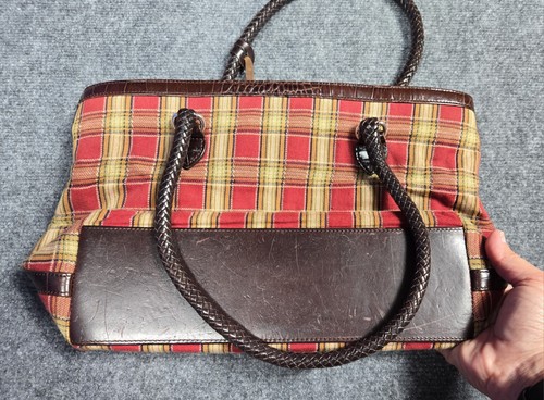 Brighton 90s Plaid Red, Brown & Cream with Leather Trim Shoulder Bag - Picture 4 of 14