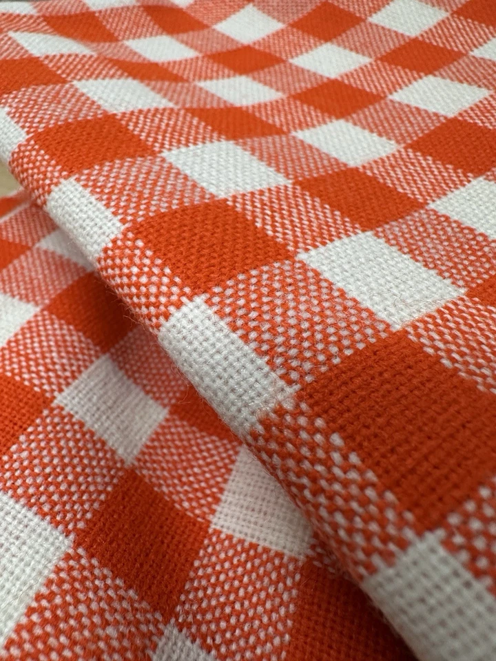 60x72” Fabric Geometric Checkered Vintage Gingham 80s Orange White Picnic - Image 3 of 4