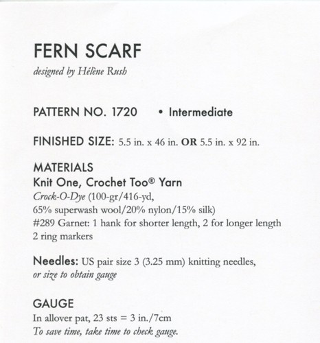 K1C2 Knit One Crochet Too Knitting Pattern 1720 Fern Scarf - Picture 2 of 2