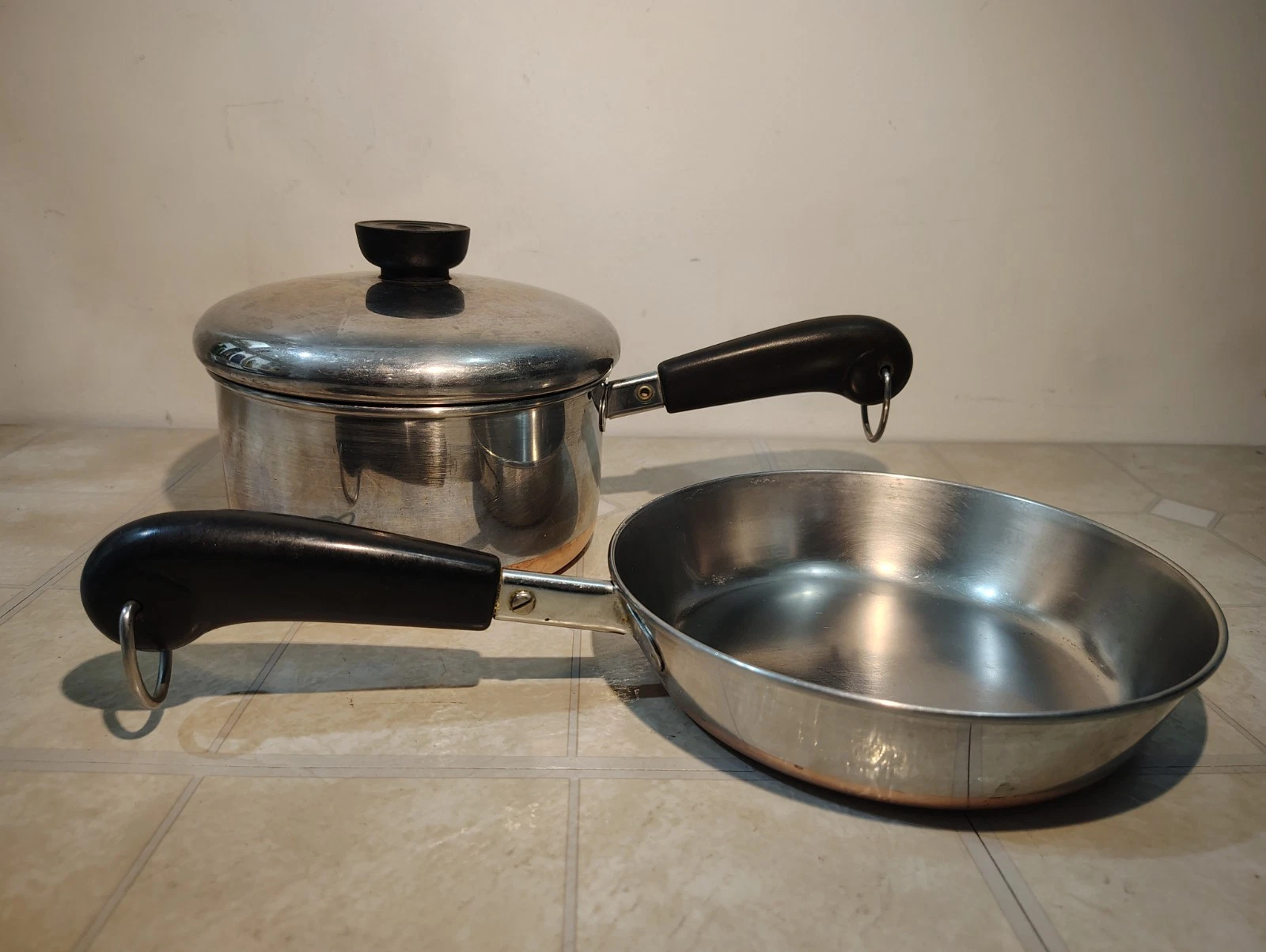 VTG Revere Ware 2 Piece 1.5 QT Saucepan w/ Lid + 7" Skillet ~Copper Bottom 1801~