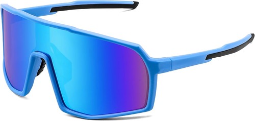FEISEY Sportsonnenbrille für Herren Damen großes, blaues Gestell verspiegelte Gläser  - Bild 1 von 7