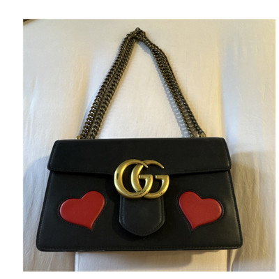 Gucci Black Shoulder Bag Red Heart Accents GG Logo Gold Chain Strap Push Lock