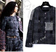 CHANEL 22PF Black White Cotton Wool Collarless Tweed Jacket CC Button 34 US2