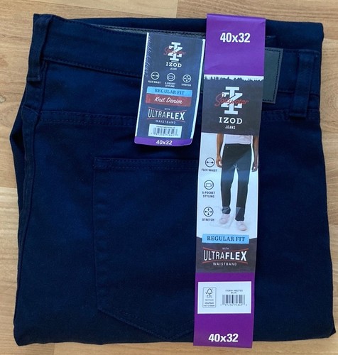 Mens IZOD Jean Regular Fit Knit Denin Ultraflex Waistband 40x32 Navy/5 pockets - Imagen 2 de 5