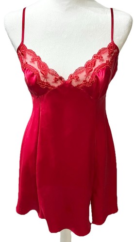 VTG Y2K Victorias Secret Silky Satin Slip Dress Womens Size M Red Lace Babydoll - Picture 1 of 11