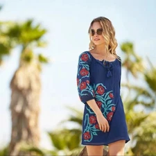 NWOT - Trina Turk Blue Embroidered Shift Dress Ocean - Size 4 Beach Boho Tassel