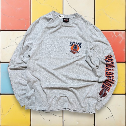 VTG Y2K Harley Davidson Flame Shirt Men Gray L Texas Thunder Long Sleeve Tee - Picture 2 of 17