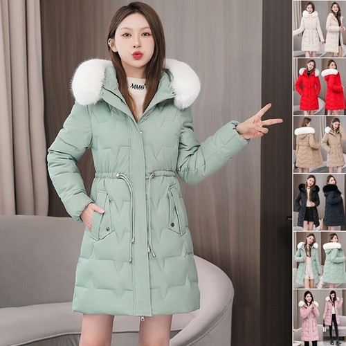 Damen Winter Baumwolle Mantel Daunenjacke Schwarz Fell Kapuze Baumwolle Outwear Parka - Bild 1 von 55