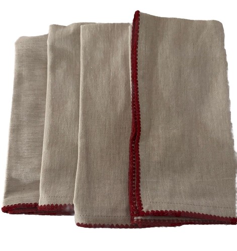 Crate & Barrel-Bailey 100% Cotton Napkins-Natural/Red-Set of 4 *NEW - Picture 2 of 2