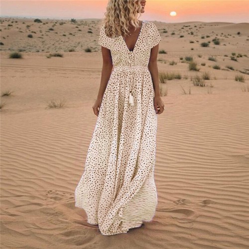 Women's Polka Dot V Neck Long Maxi Dress Ladies Boho Summer Holiday Sundress US - Picture 18 of 20