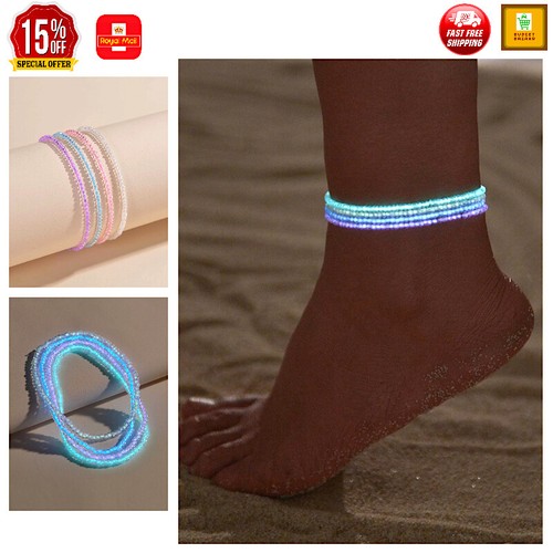 LEUCHTENDE PERLEN FUSSKETTCHEN LEUCHTEN IM DUNKELN Festival Boho Fußkette Schmuck Damen - Bild 1 von 10