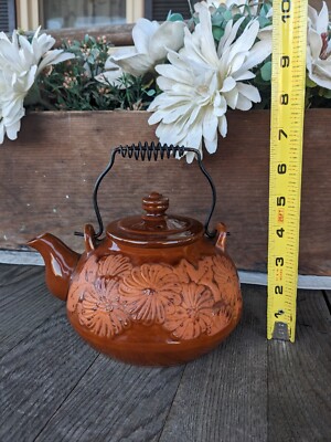 Vintage Japanese Red Clay Floral Teapot w/ Iron Coil Handle