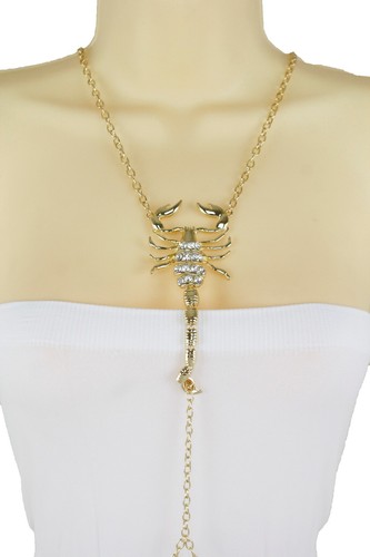 Women Gold Metal Full Body Chain Harness Fashion Jewelry Scorpion Bling Necklace - Foto 4 di 7