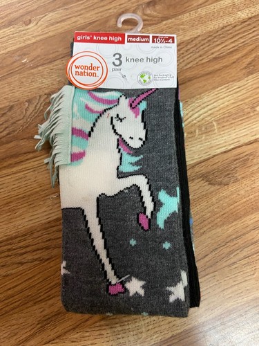Girls Wonder Nation Unicorno M 10.5-4  Knee High 3 Pairs Socks /Shoe MULTICOLOR - Picture 1 of 2