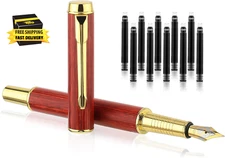 Vintage Wooden Fountain Pen Set, 0.5Mm Fine Nib with 10Pcs 2.6Mm Ink Cartridges