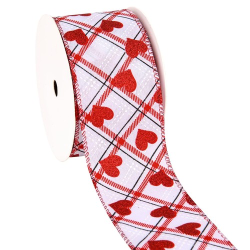 2.5'' x 10 Yard Valentine's Day Wired Edge Ribbon White and Red Printed Heart...