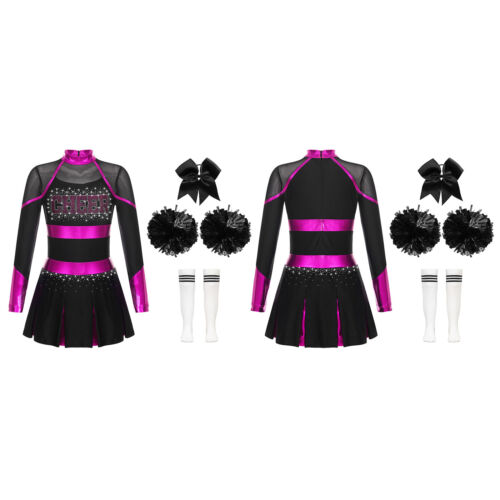 Cheerleader Outfit Girls Cheerleading Costume Dress with Pom Poms Socks Headwear - Picture 26 of 43