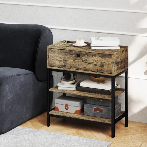 Tavolino da Divano con Cassetto e 2 Ripiani Legno e Metallo Nero/Marrone DecHome - Foto 9 di 9