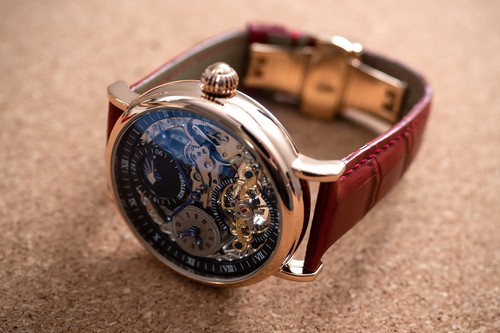 Mens Dual Time Skeleton Automatic Mechanical Watch Relojes Rose Gold Red Leather - Picture 8 of 12