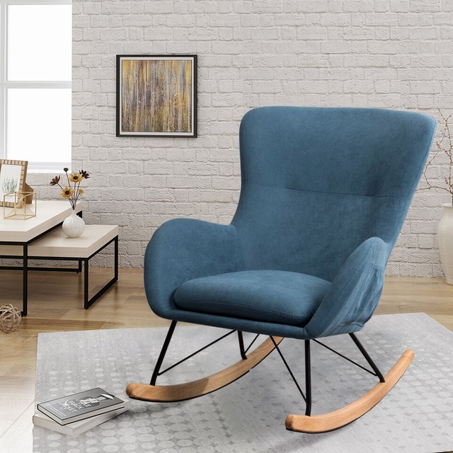 Rocking Chair Blue Linen Fabric Amchair Cushioned Rocker Sofa Recliner Wood Legs ZN11008 Rocking Chair Blue Linen Fabric Amchair Cushioned Rocker Sofa Recliner Wood Legs ZN11008