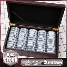 50Pc 46MM Coin Capsules Storage Box w/ Wooden Case Holder Collection Capsule Box