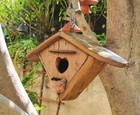 Vintage Triangular Hanging Birdhouse In Solid Oak, Heart Shaped Entry, Good Cond