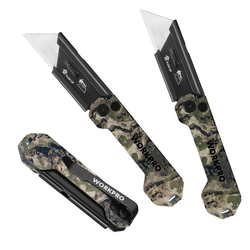 WORKPRO 3PACK Folding Utility Knife Set Axis Lock Box Cutter with Belt Clip Camo - Picture 8 of 8