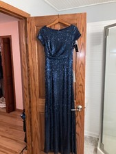 Navy Blue Adrianna Papell Short Sleeve Sequin Gown size 2 Unworn New With Tags