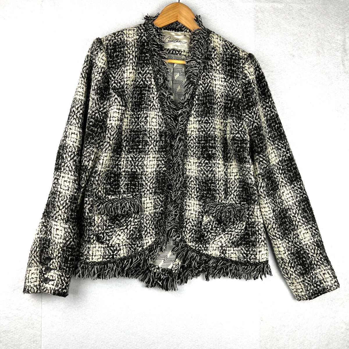 Carol Anderson By Invitation Cabi Sz 10 Black Plaid Fringed Tweed 