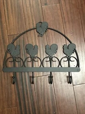Rustic Rooster Iron Metal 4 Hook Wall Hanging Towel Coat Key Rack Hooks 20.5” L