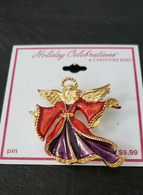 Christmas Angel Red & Black Enamel - Gold Tone 2''